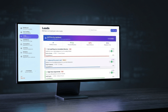 AI Dashboard showing call analytics and lead scores